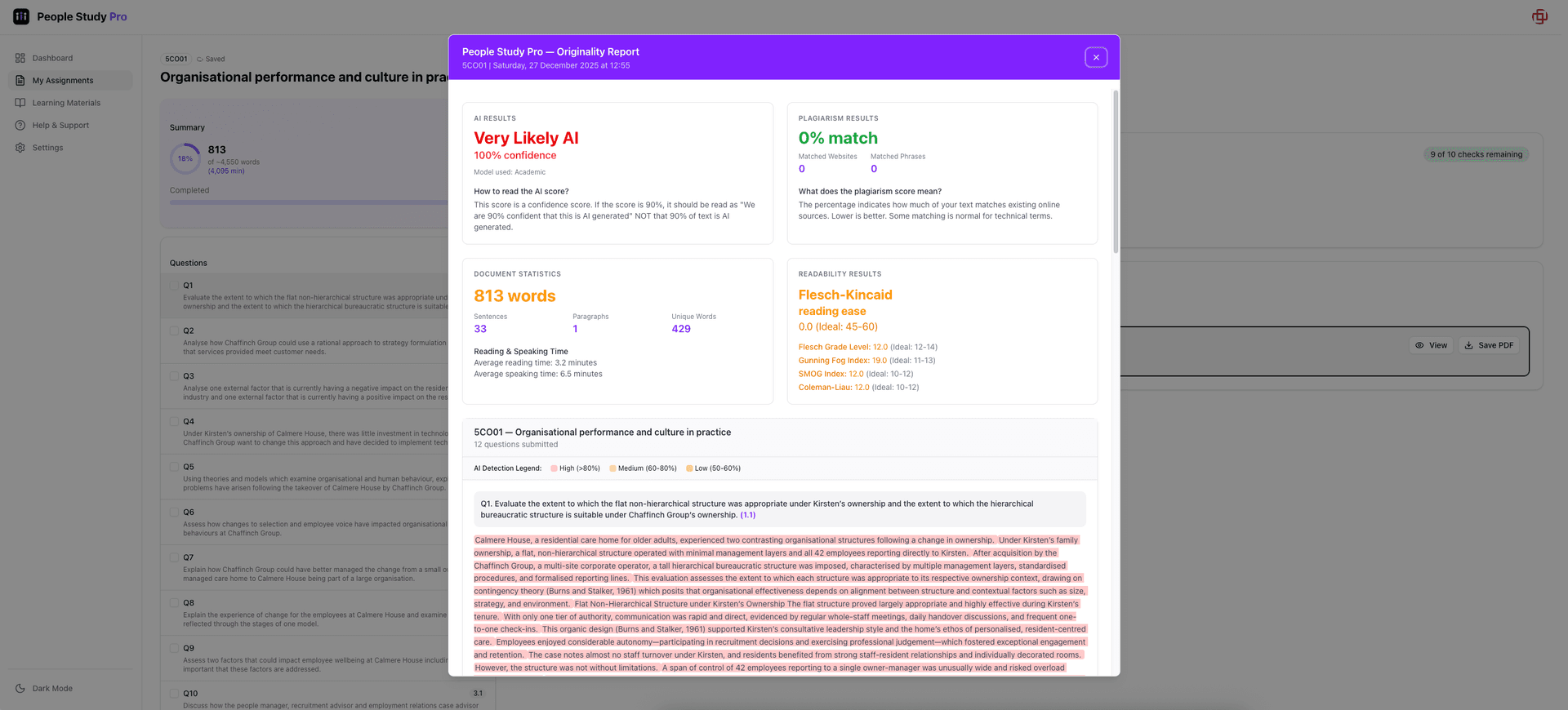 People Study Pro AI and Plagiarism Checker - Originality Report showing AI detection and plagiarism scores