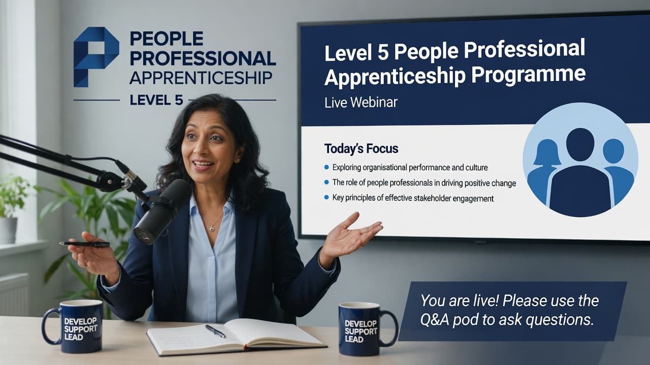 Trainer presenting a Level 5 People Professional Apprenticeship webinar covering organisational performance and stakeholder engagement