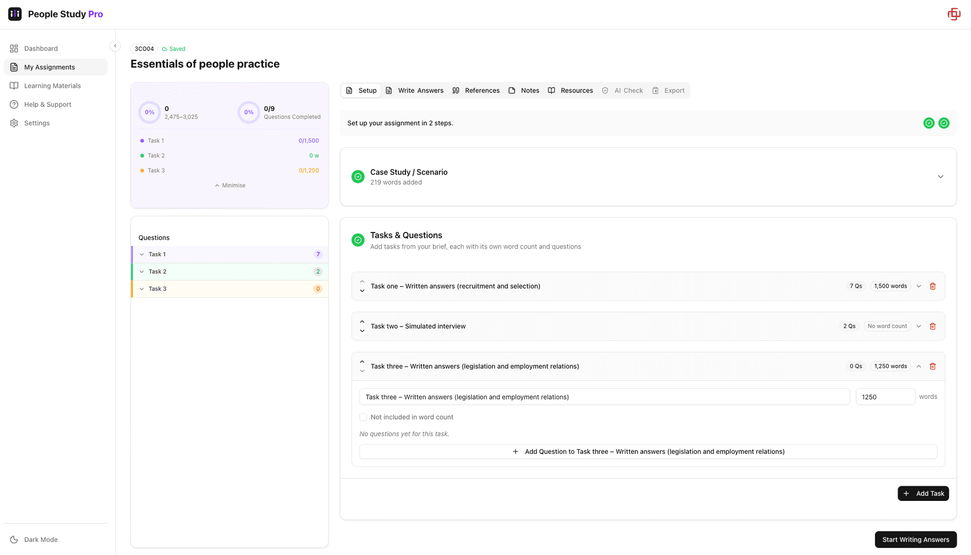The People Study Pro assignment workspace showing tasks grouped with individual word counts and questions