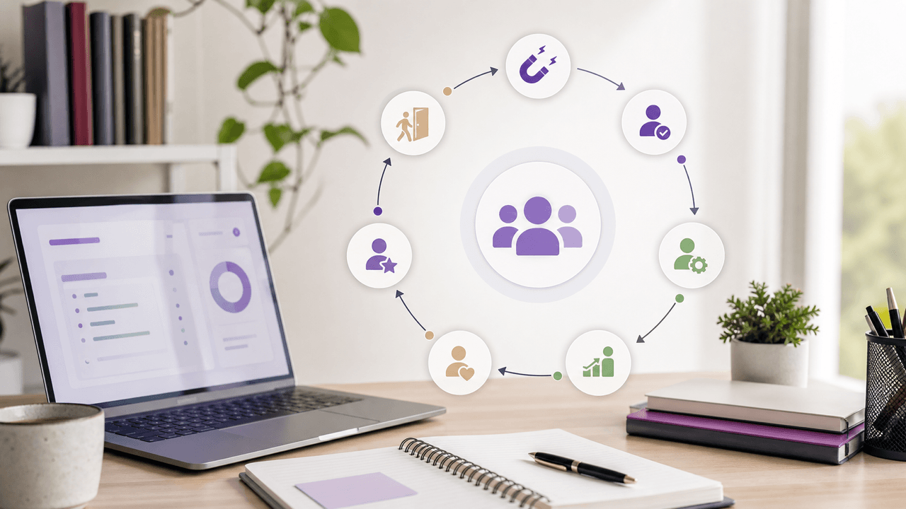 Employee lifecycle diagram showing stages of the employee journey in a professional study workspace