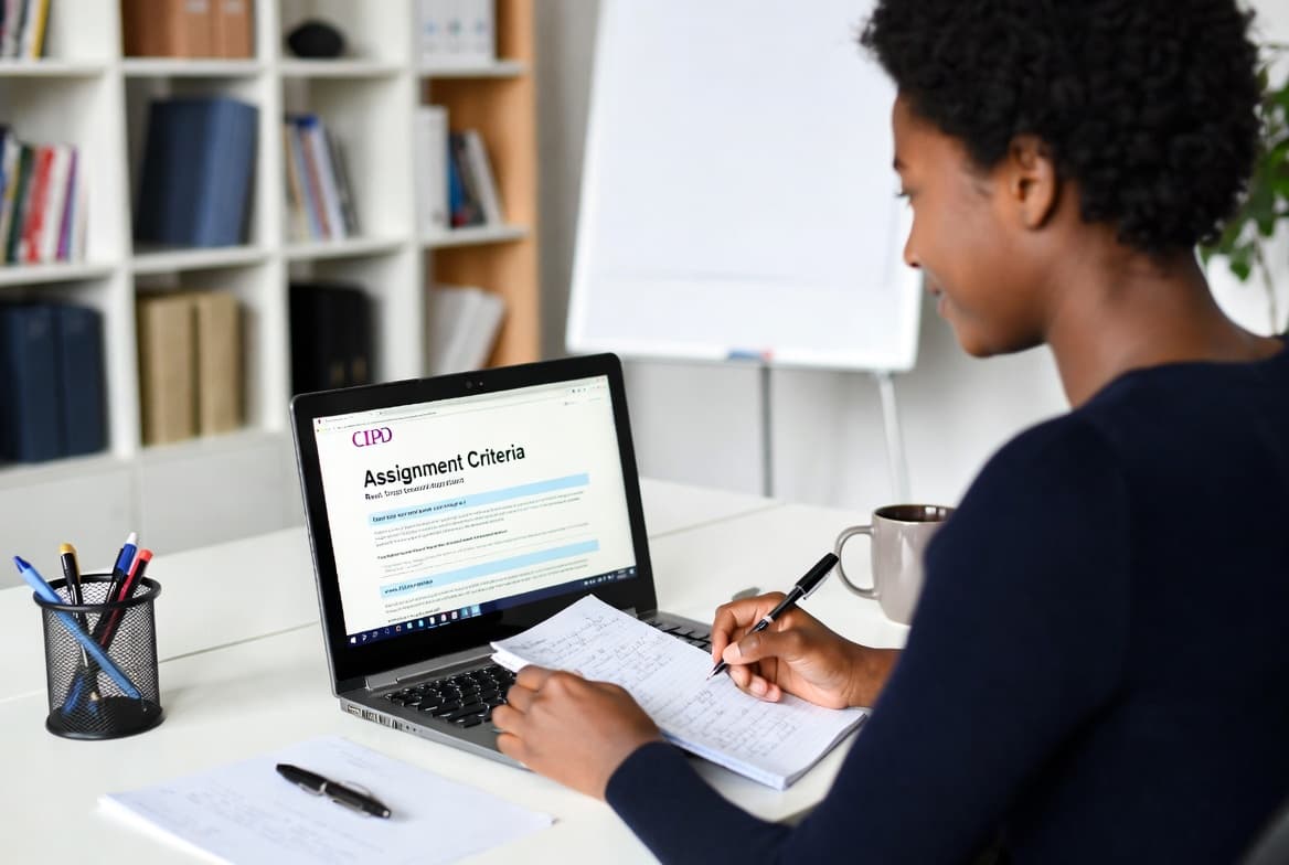 Student planning CIPD assignment with assessment criteria and notes