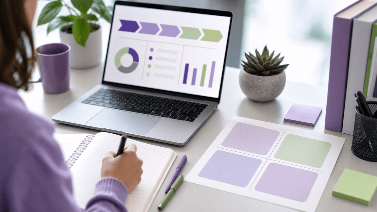 CIPD student using a four-quadrant SWOT analysis worksheet alongside HR data