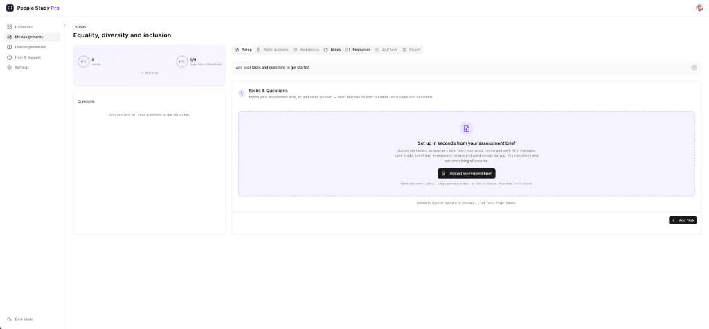 People Study Pro workspace Setup step with an Upload assessment brief button for importing a CIPD assessment brief